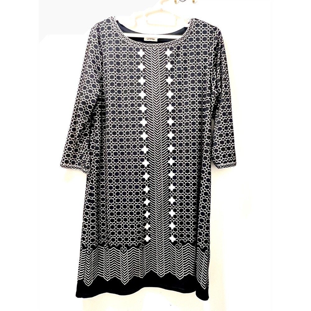 Max Studio Black White Geometric Print 3/4 Sleeve Shift Dress 5908D51